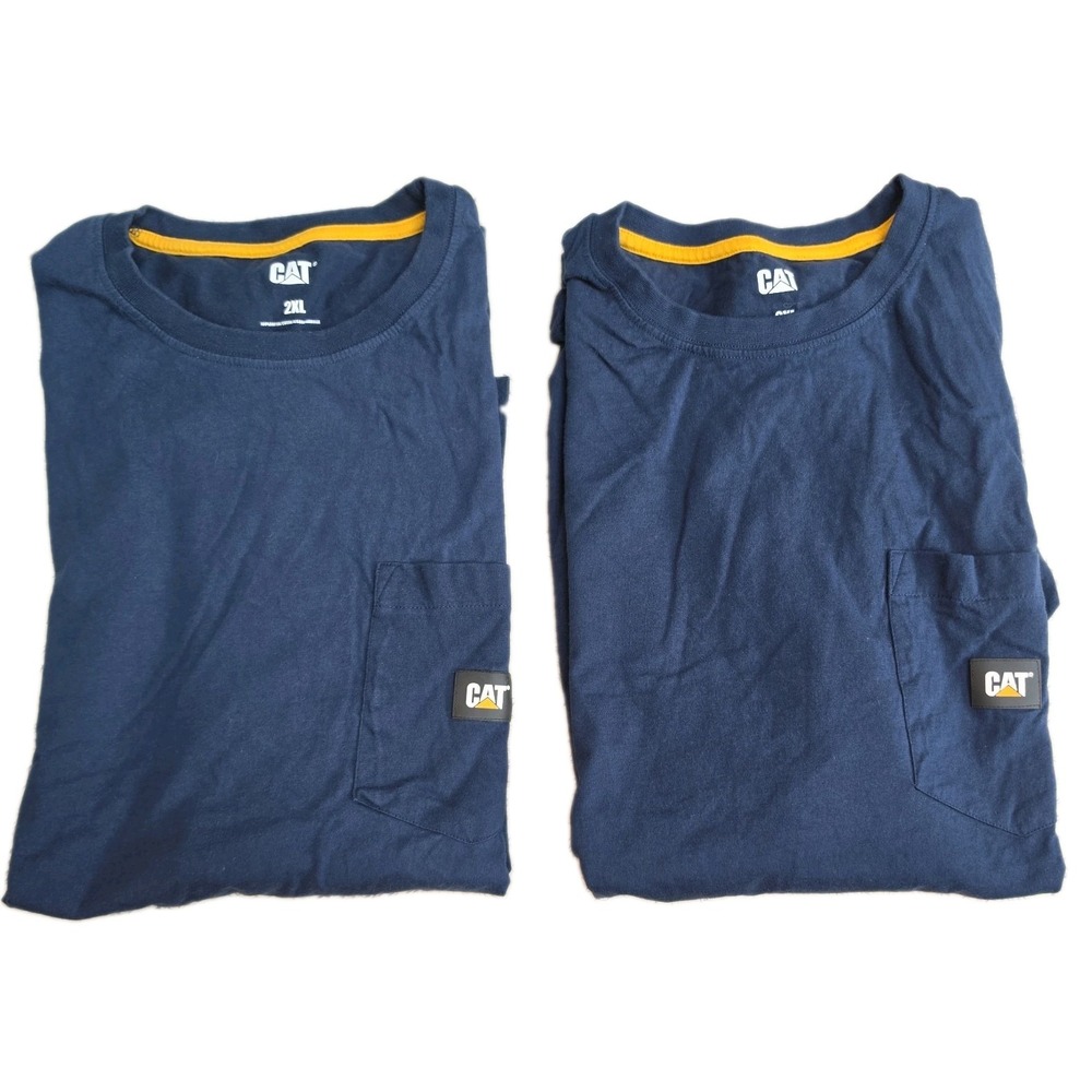 LOT OF 2 CAT T-Shirts Men's 2XL Navy Blue Crew Neck Short Sleeves Logo